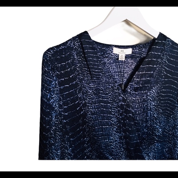 NWT HALSTON Tonal Snake Print V Neck Crossover Long Sleeve Dress Navy Blue Small - Picture 9 of 14